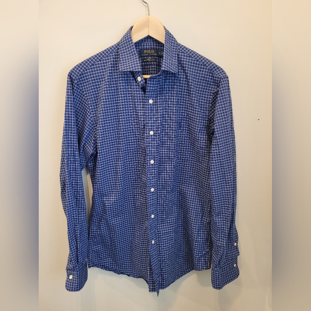 Polo Ralph Lauren Mens Medium Blue and White Plaid Button Down Long Sleeve Shirt